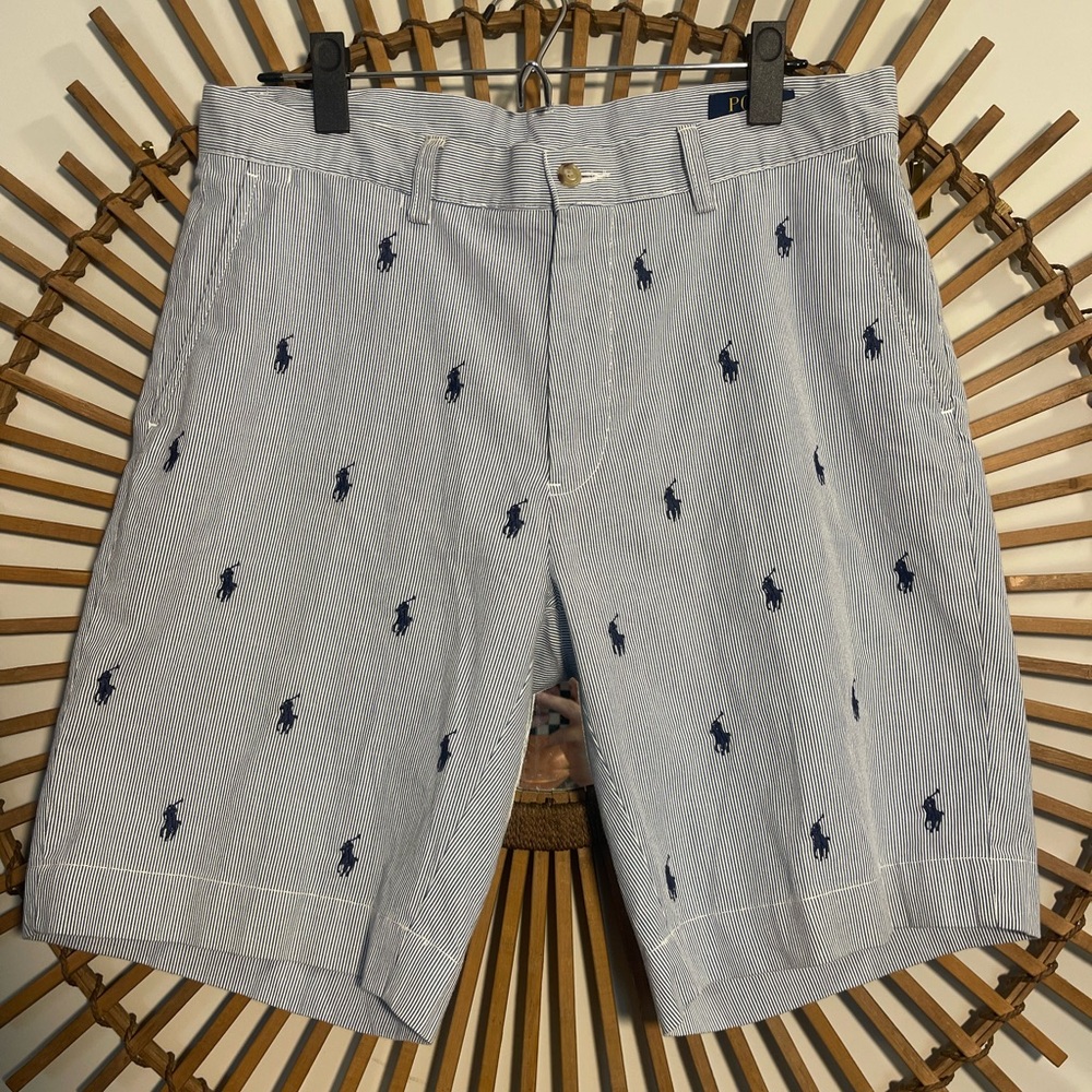 Men’s Polo Ralph Lauren Seersucker Striped Light Blue Embroidered Horse Shorts 🐎